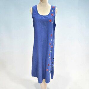 Vintage 90s Jumper Dress M Blue Cotton Teacher Cottagecore Whimsical Ladybugs
